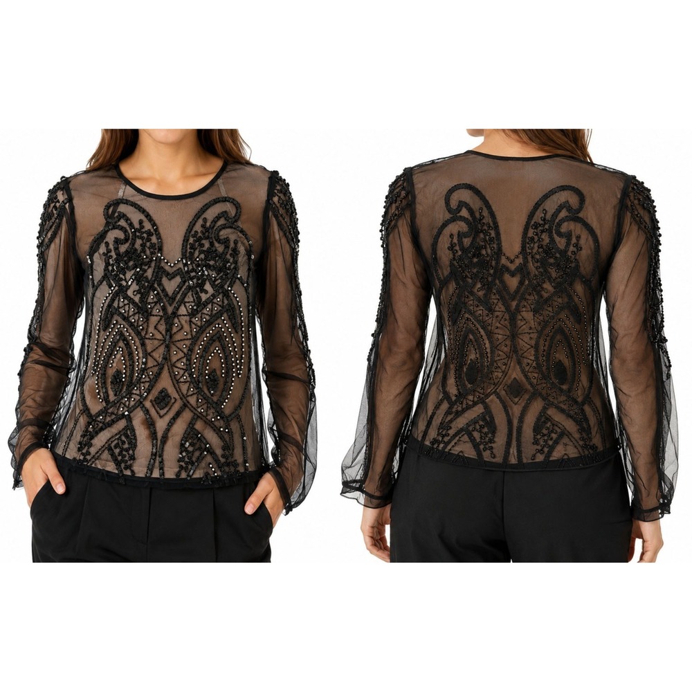 Venus Black Sheer Mesh Beaded Sequin Top Womens 2X Y2K Art Deco Goth Blouse - Picture 3 of 6